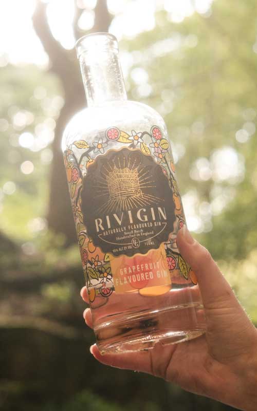 Rivi Gin Bottle in forest setting with sunset behind